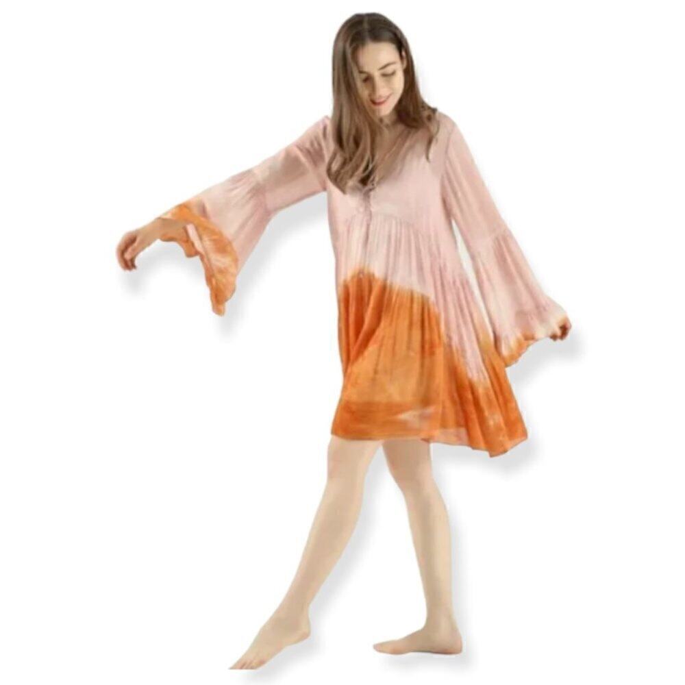 Young, Fabulous & Broke Pink & Orange V-Neck Bell Sleeve Tie Dye mini Dress M